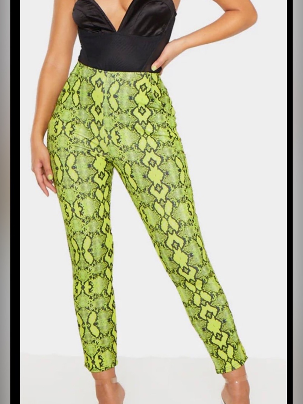Pretty Little Thing neon green python print pull on pants